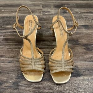 American Glamour Badgley Mischka Women's Gold Sparkly Strappy Heels Sz 7.5